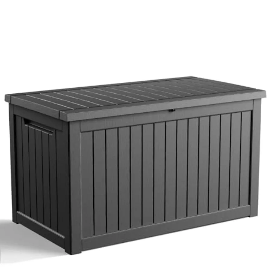 Outdoor storage box for patio, garden, and pool use; weatherproof resin material; gray color; waterproof, lockable, and large c