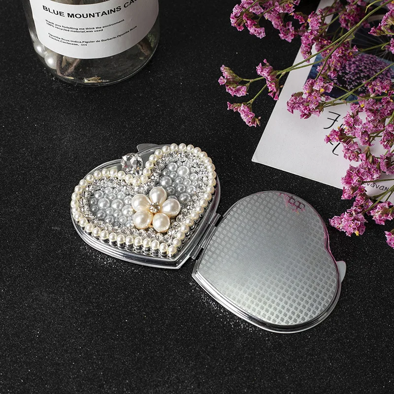 Love Metal Small Pocket Mirror Pearl Flower Princess Double-sided Folding Portable Makeup Mirror Petit Miroir De Poche