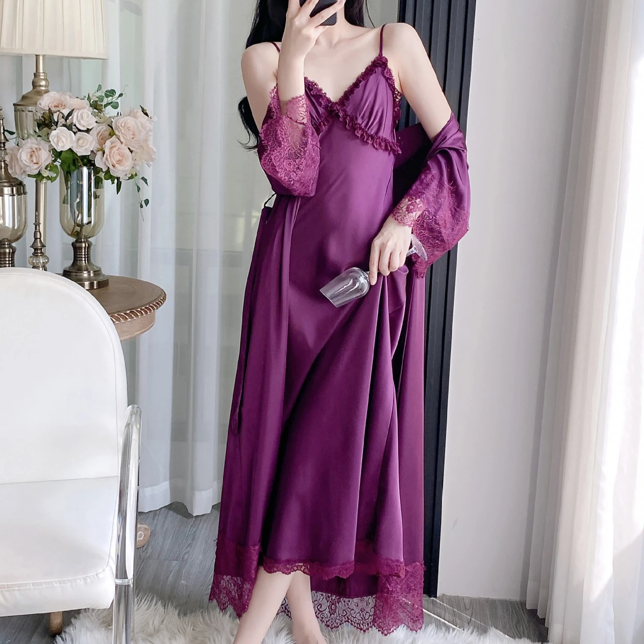 

Two Piece Women Satin Kimono Robe Gown Set Spring Bathrobe Home Dress Suit Lingerie V-Neck Nightgown Lace Sleepwear Loungewear