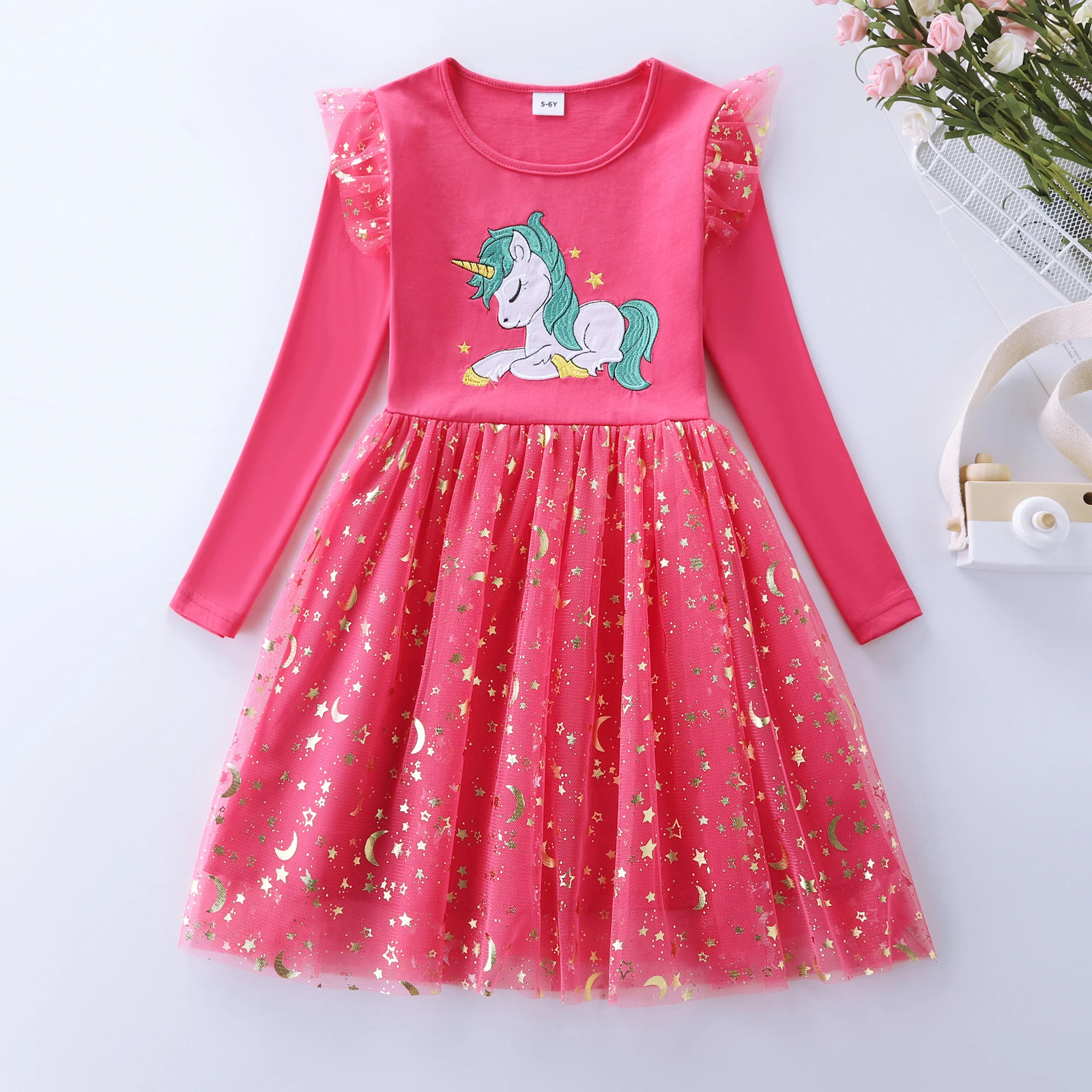 Girls\' Autumn New Cotton Embroidered Cartoon Unicorn Mesh Dress