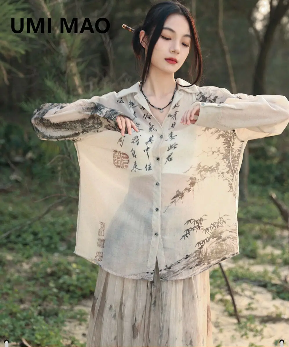UMI MAO Retro Printed Shirt Women's Summer New Chinese Style Loose Breathable Sun Protection Top Femme New Y2K