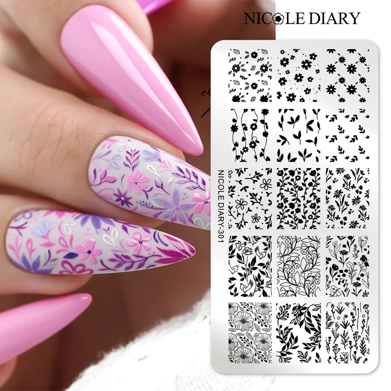 NICOLE DAGBOEK Bloem Bladeren Nagel Stempelplaten Bladlijn Herfst Roestvrij Staal Manicure Sjabloon Nail Art Sjablonen Stempel Gereedschap