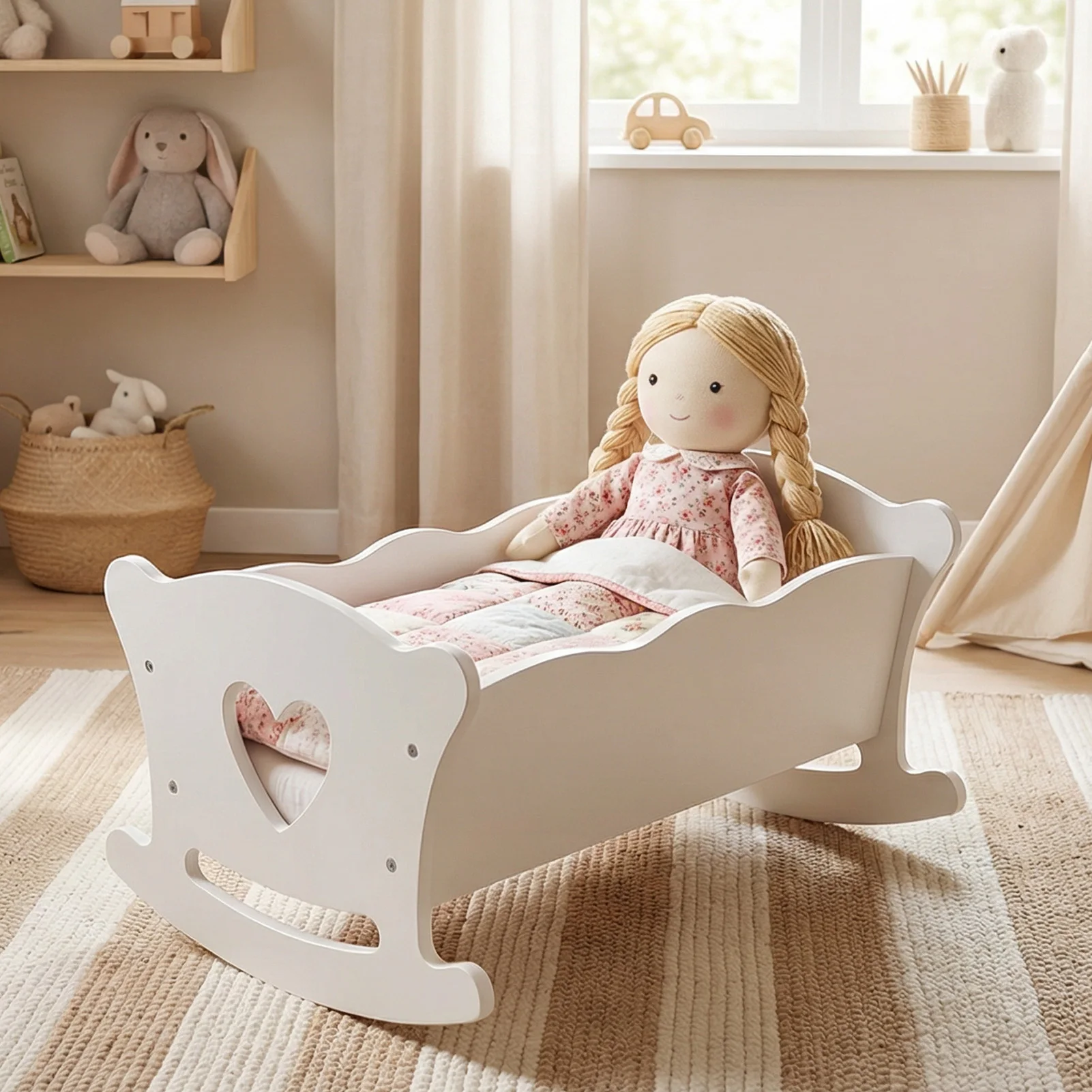Culla in Legno per Bambole con Set di Biancheria da Letto Rosa per Bambole Fino a 20 Pollici, Giocattolo in Legno per Bambole