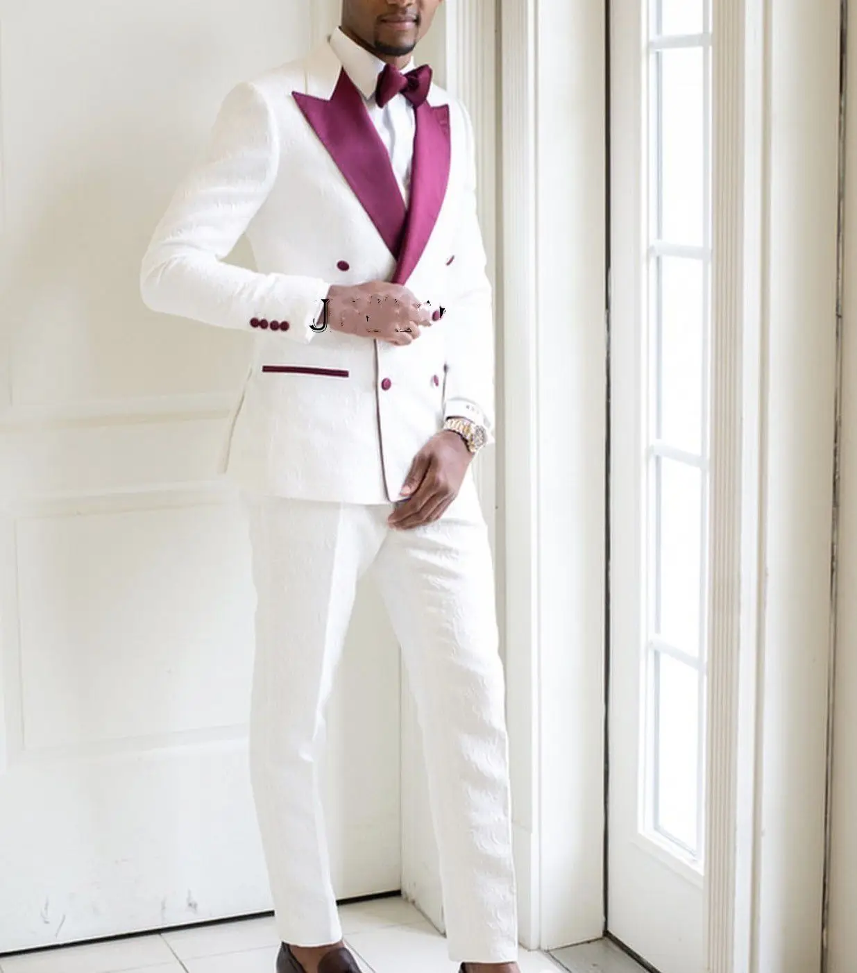 

White Groom Suits For Wedding Clothing Burgundy Collar Men Birthday Party Formal Outfits Sets Attire (Jacket +Pants+Bow)