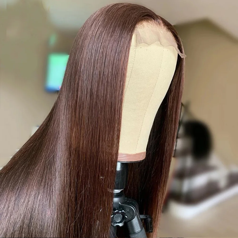 Zachte 30Inch Bruine Rechte 5X5 Zijden Basis Joodse Mensenhaar Pruiken Met Babyhaar Hd Kant Europese Haar Lijmloze Prepluckedwig