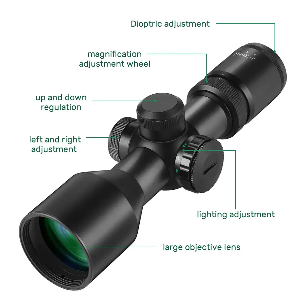 3-9x40 Compact Riflescope Red Green Dual Illuminated Crosshair Reticle Gun Scope Airsoft Hunting Optics Scope for 11mm/20mm Rail