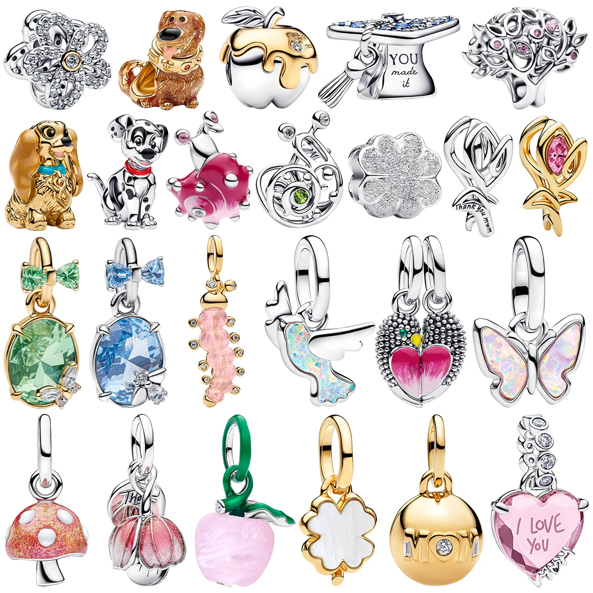 

S925 Silver Plated Cute Dog Apple Butterfly Tree Clover Dove Snail Mushroom Charm Inlaid Gem DIY Bracelet Necklace Gift Jewelry
