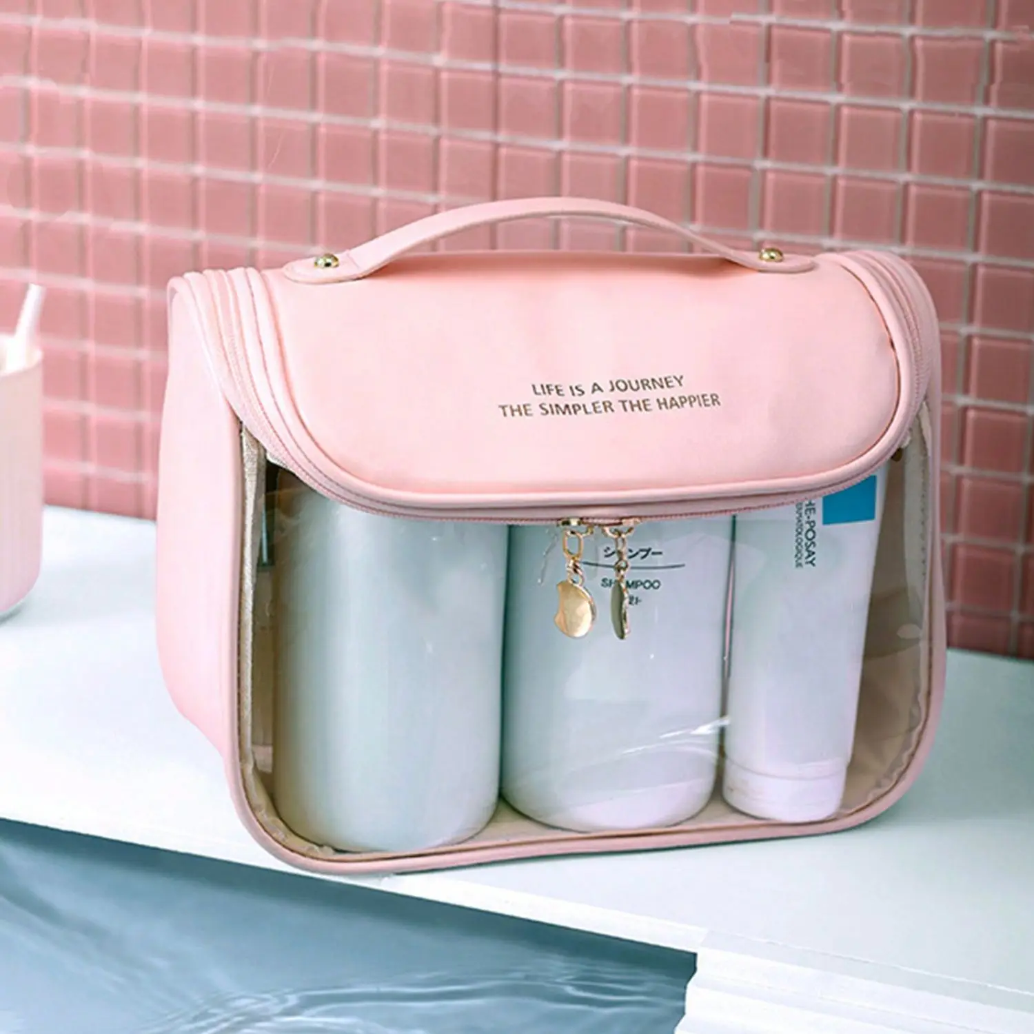 

1 piece transparent fashion toiletry bag travel semicircle hook cosmetic storage bag waterproof toiletry bag