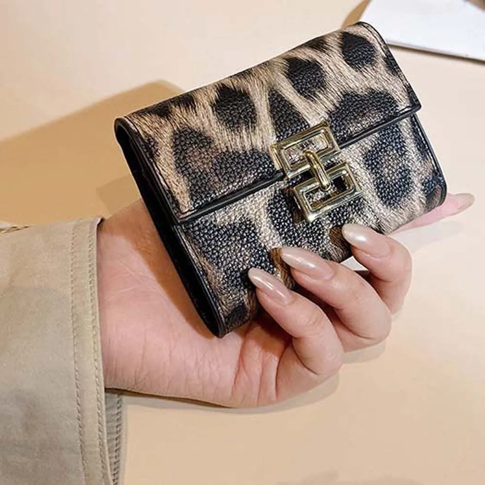 مكافحة سبلاش المياه المحمولة ليوبارد طباعة المحفظة الملمس البسيطة قصيرة مربع محفظة الرجعية متعددة بطاقة بولي Card حافظة للبطاقات الطالب #4