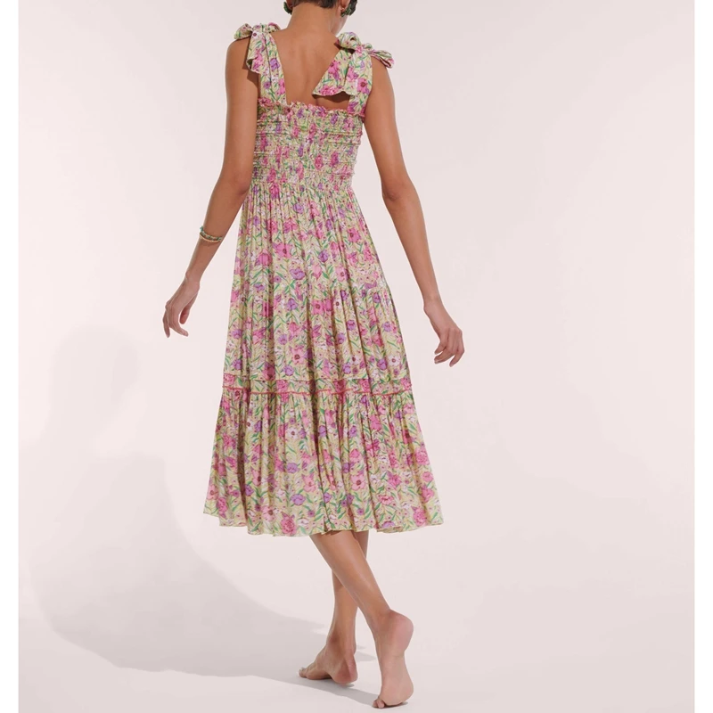 Feminino verão multi-way vestindo alças largas arco amarrado smocked botão para baixo floral flowy a linha tanque vestido longo
