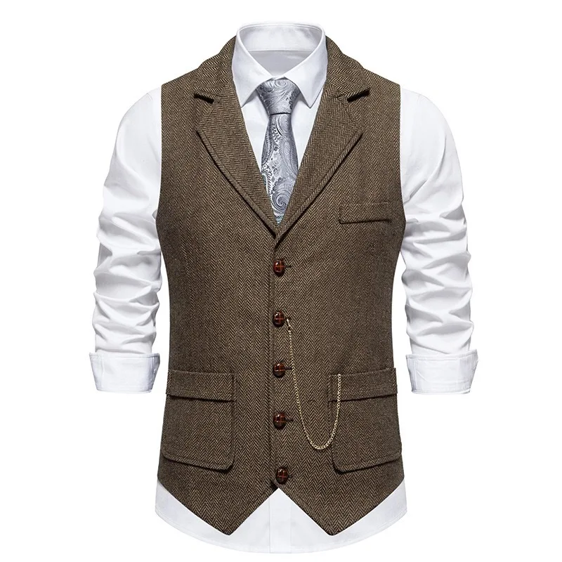 

KIDWHXR Man Vest Vintage Turn Down Collar Pocket Slim Male Waistcoat Single-breasted Business Casual Versatile Men Suit Vest