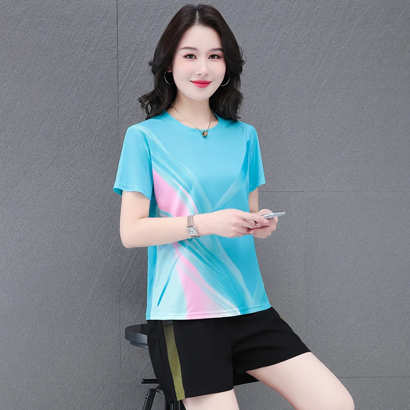 Casual Loose Ice Silk Sports Short Sleeved Shorts Two-Piece Set Women'S Summer New Thin Style Quick Drying Fitness Running Suit