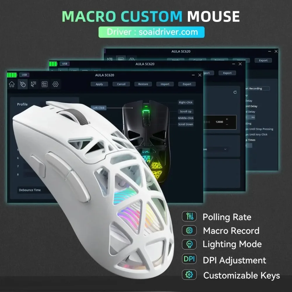 AULA SC620 New Gaming Mouse Wired/Bluetooth/2.4G PAW3311 Light Weight Adjustable 12,000 DPI Long Battery Life PC E-Sports Gamer