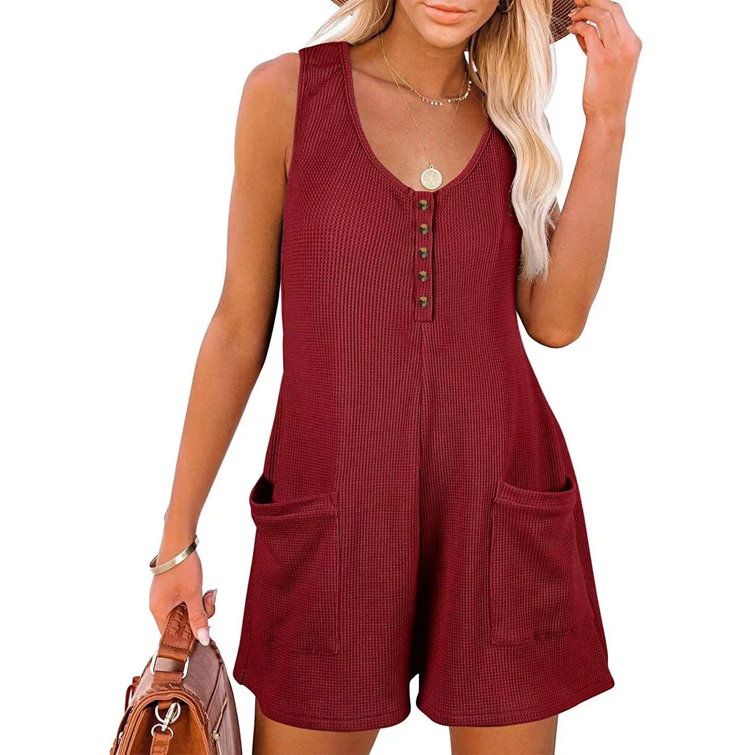 Damskie luźne kombinezony Boho Solid Color V Collar Pocket Sleeveless Rompers Summer Casual Clothes Short Jumpsuit