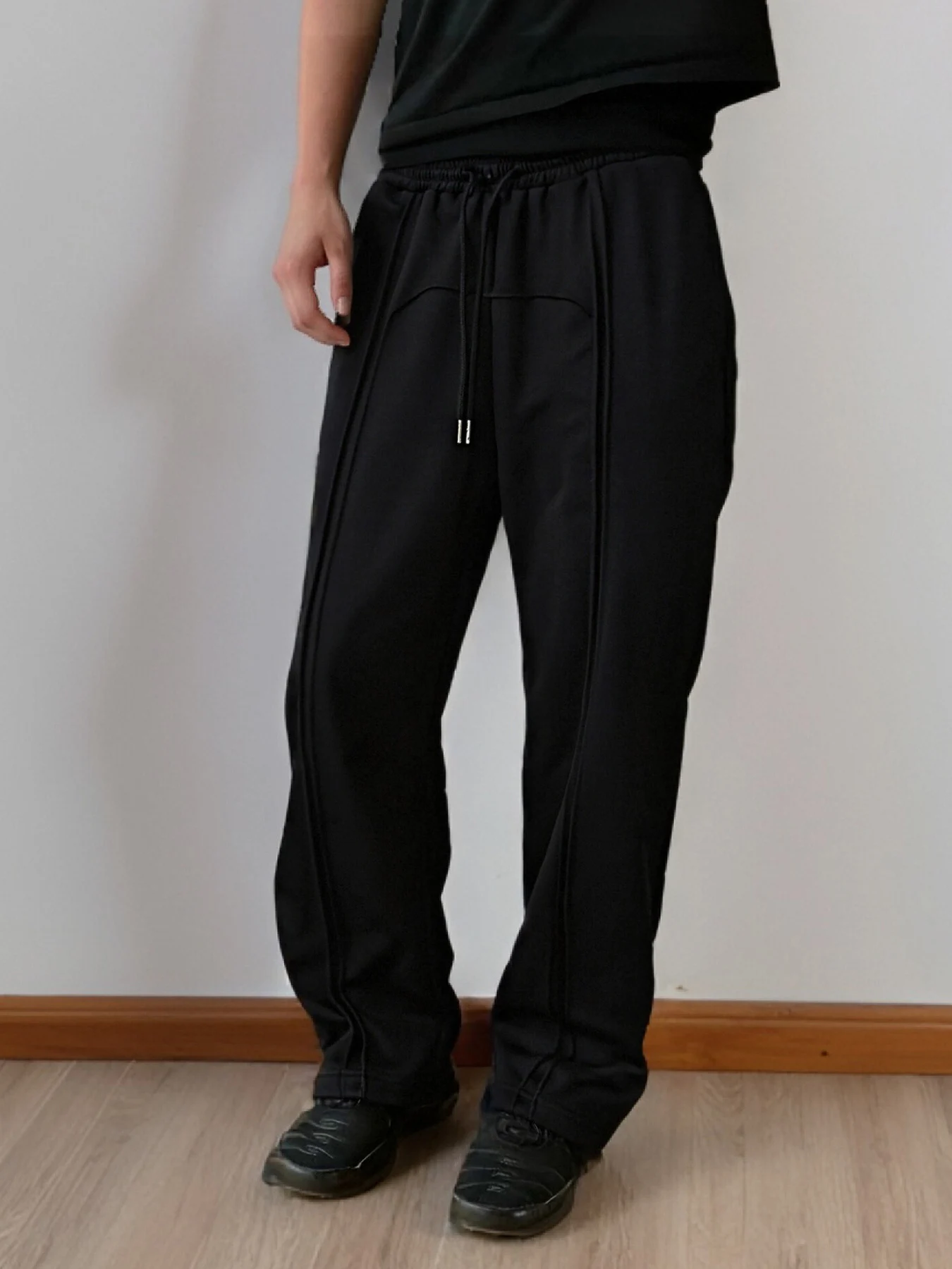 Men's Black Drawstring Straight Leg Track Pants Summer Loose