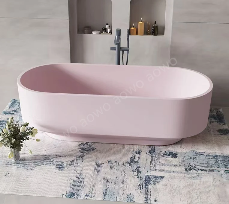 Pink Color Solid Stone Hotel Bathtub High Quality Soaking Dipping Whirlpool Tub Clear Resin Yacuzzi And Roll Faucet With Drainer