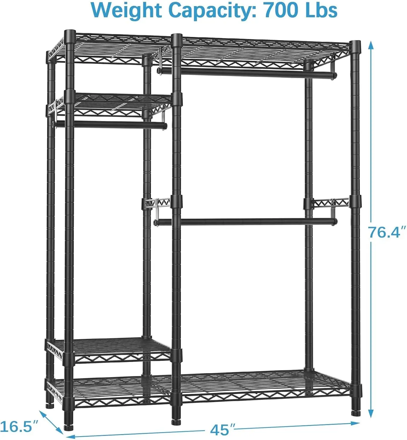 Appendiabiti Appendiabiti in metallo per appendere abiti, appendiabiti con scaffale in filo metallico a 4 livelli con 3 aste per appendere, chiusura indipendente