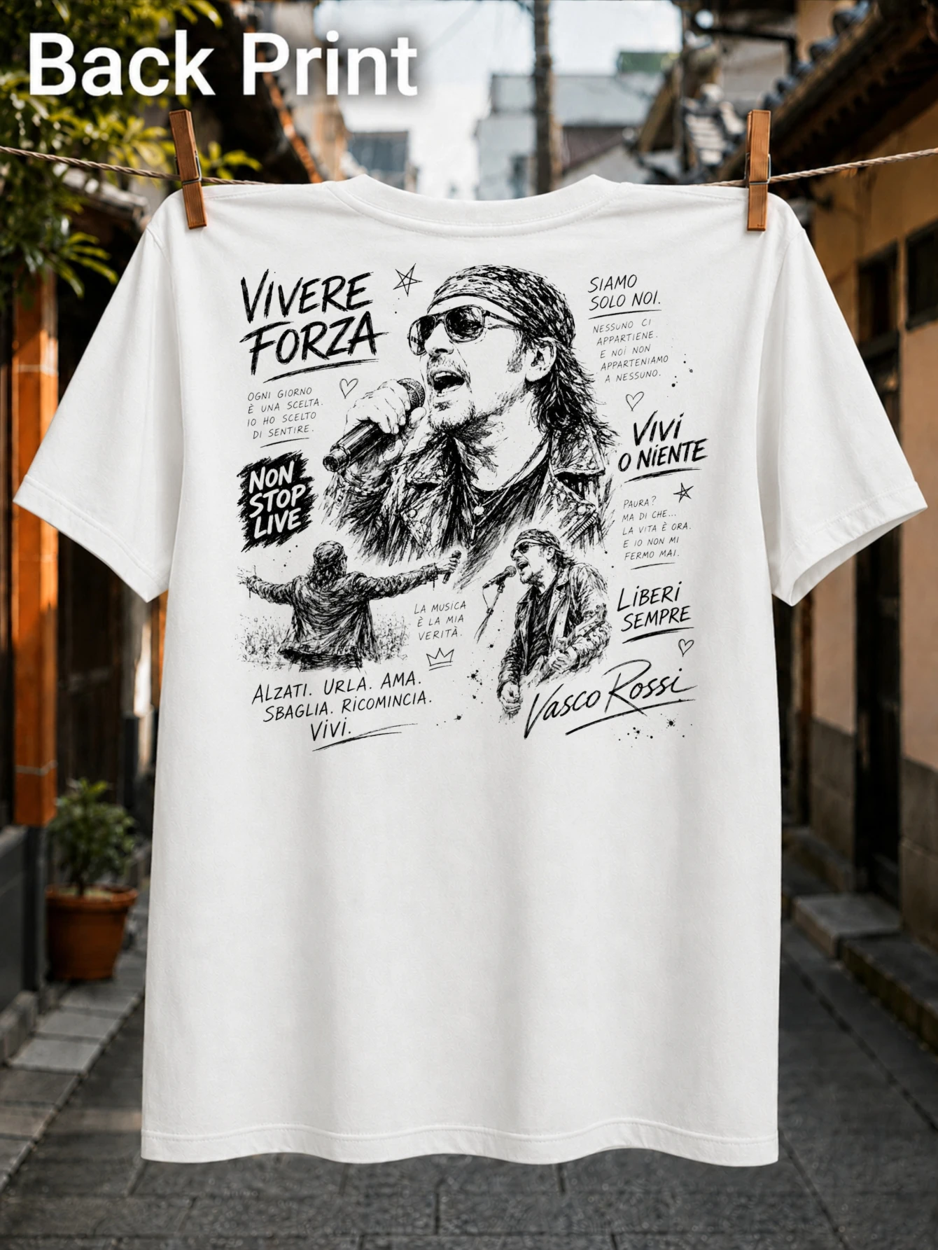 Vivere Forza Vasco Rossi lettering with singer collage Non Stop Live and Liberi Sempre music style  Unisex All T-Shirt