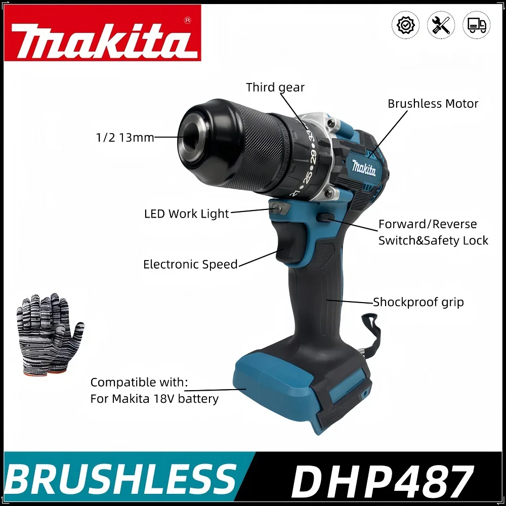 Makita DHP487 cordless drill 18V brushless motor high torque lithium battery impact electric screwdriver electric tool