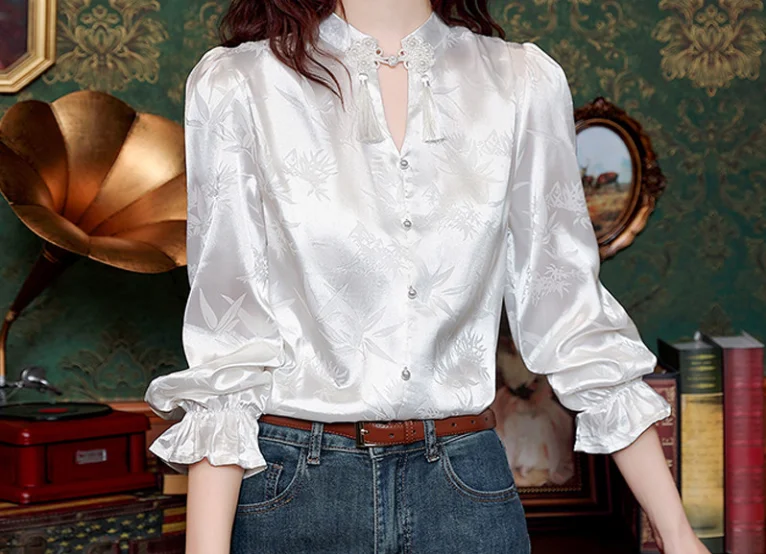 

New Chinese Style Light National Style Satin Jacquard Shirt for Spring, Retro Stand Up Collar with Buckle High-End Shirt Top