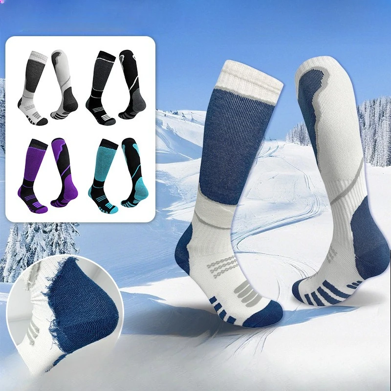 1 Pairs Winter/Fall Color-Block Unisex Thermal Ski Socks–Breathable&Sweat-Wicking,Plush Terry Sole,Durable Non-Slip Sports Socks