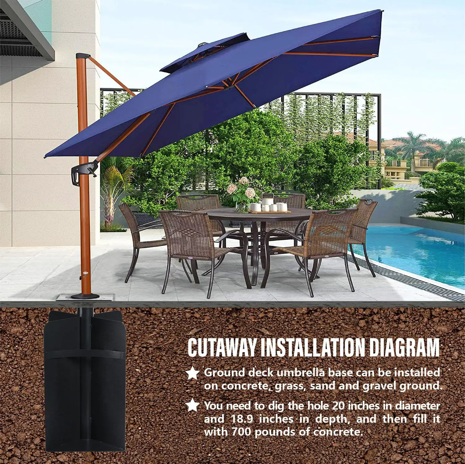 Ground-entry umbrella base for offset cantilever umbrellas, stainless steel outdoor umbrella base