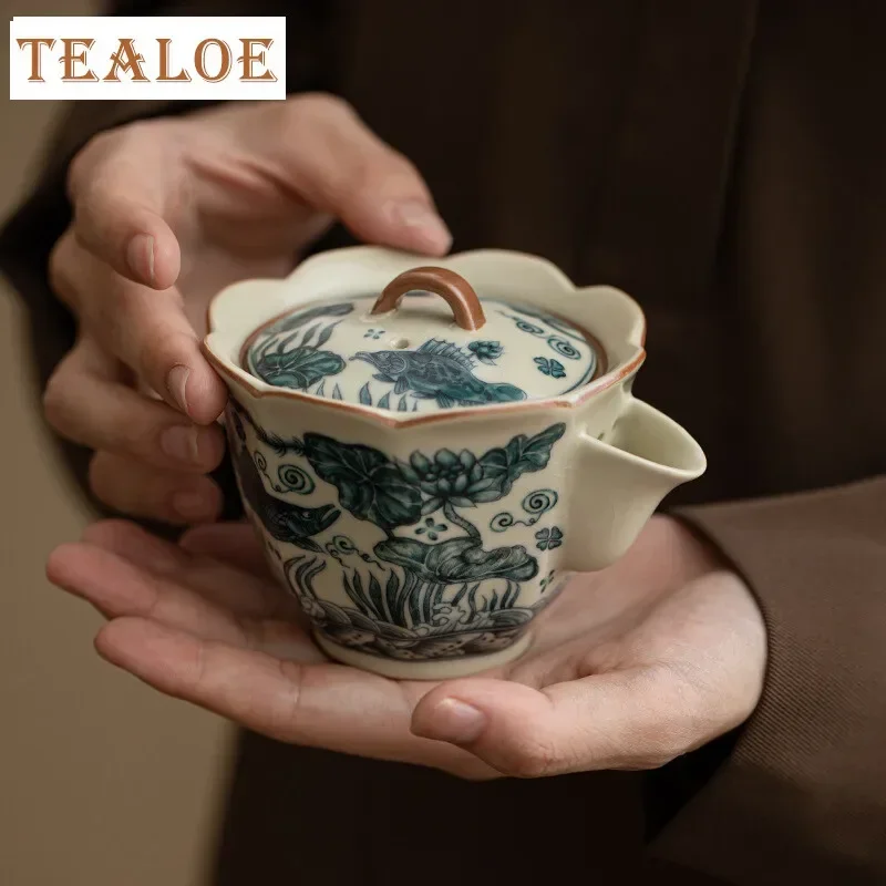 200ml Fish Algae Pattern Hand Grasping Pot Imitation Song Ru Kiln Gaiwan Flower Mouth Kettle Tea Soaking Infusions Pot Teaware