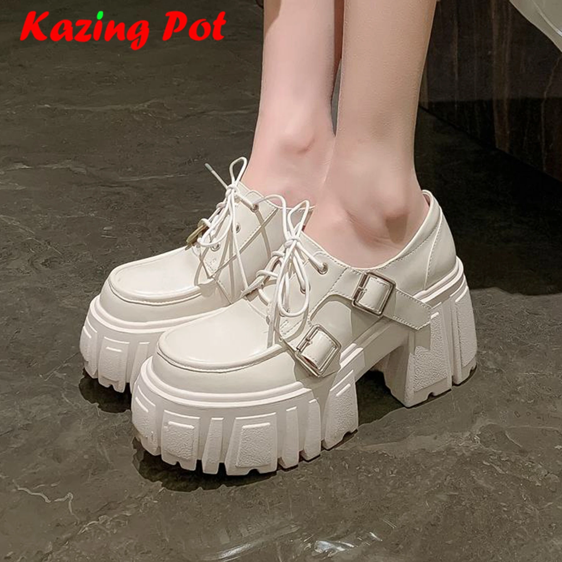 

Krazing Pot New Genuine Leather Round Toe Thick Bottom Wedges Business Casual Platform Metal Buckle Lace Up Leisure Women Pumps