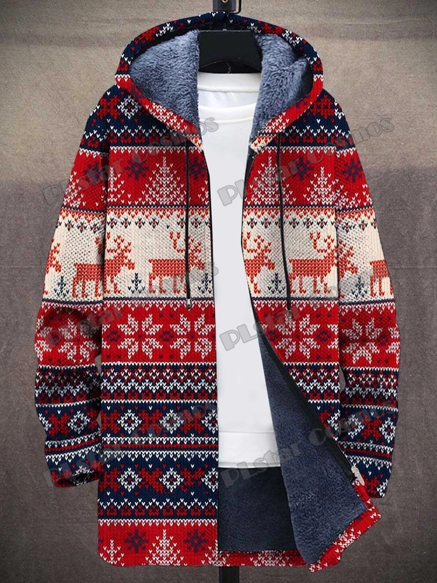 Christmas & Gradient Stripes Pattern 3D Printed Men's Fashion Plush Thick Hooded Coat Winter Casual Warm zipper jacket CM07