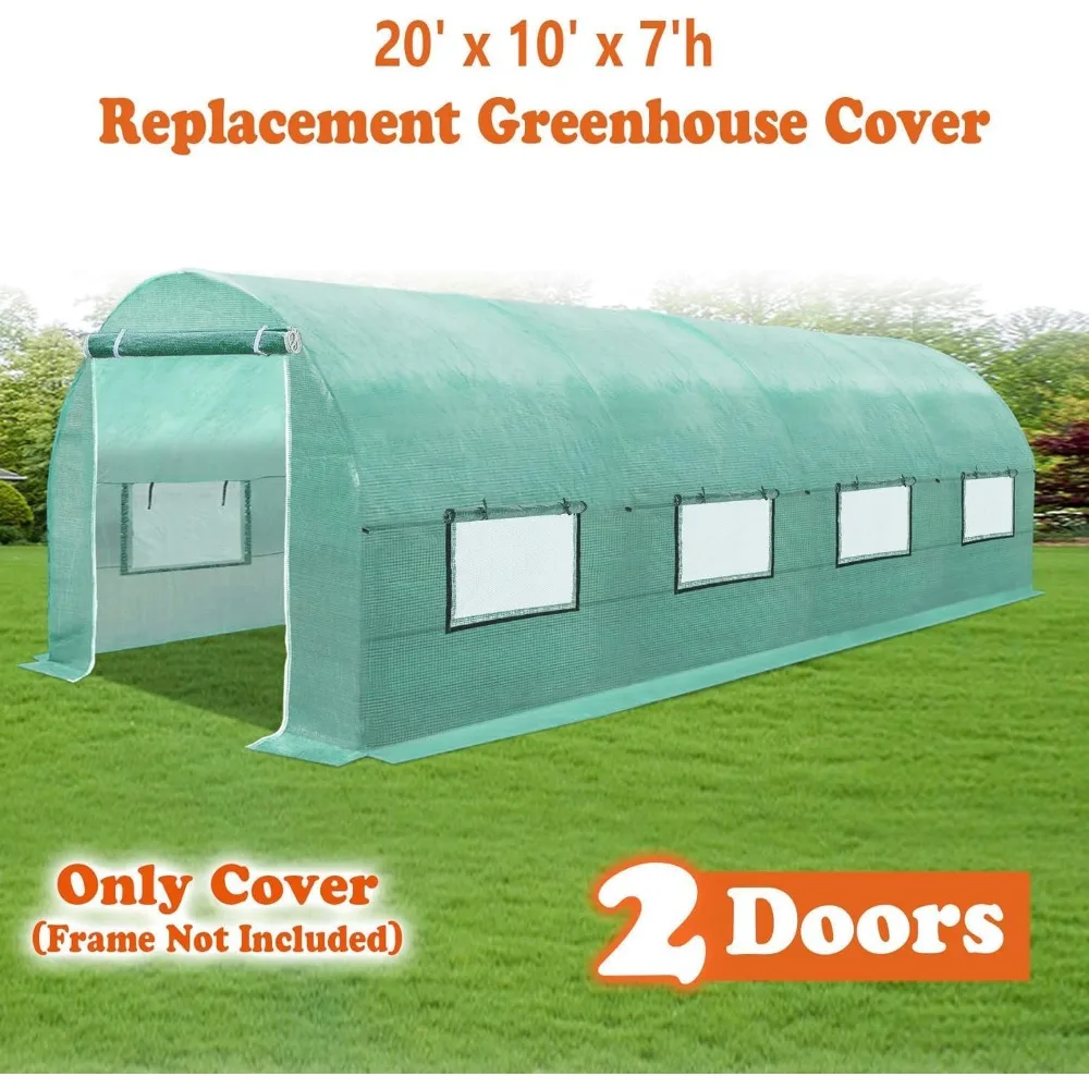 Replacement Cover for Portable Greenhouse, Large Walk-in Green Hot Garden House Top Tarp 2 Zippered Doors 8 Roll-up Windows