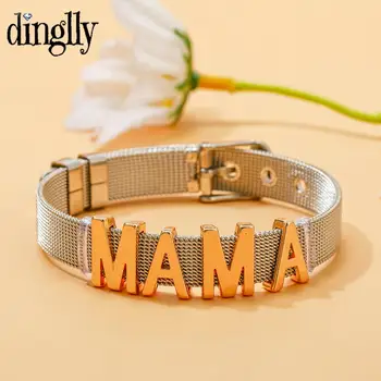 DINGLLY Gold Farbe Buchstaben Perlen Armbänder Für Frauen Edelstahl Mesh & Legierung MAMA Charm Armreif Muttertag Geschenk