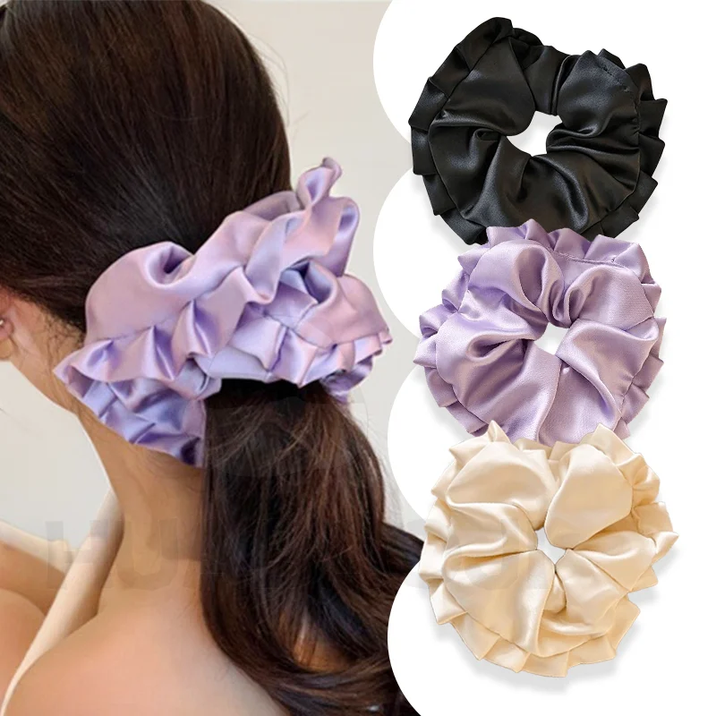 Fashion Purple Satin Hair Ties For Women Large Intestine Headband Floral Ponytail Hair Rope Ballet Style Bun Scrunchie