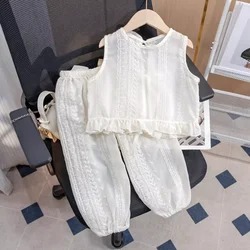 Summer New Girls' Set Embroidery Cutout Cute Back Strap Sleeveless+Bloomers Children's Set Casual Baby Kids Clothing Suit