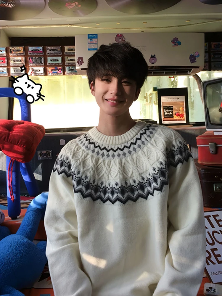 

Винтажный жаккардовый свитер Fair Isle, мужской осенне-зимний кремовый белый вязаный пуловер Cleanfit, повседневный топ с длинными рукавами и геометрическим рисунком Argyle