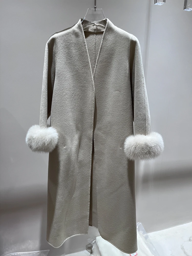 2024 New Fashion Winter Cashmere Wool Woolen Long Coat Real Fur Jacket Women Natural Fox Fur Cuffs Ladies Outerwear Female Coat