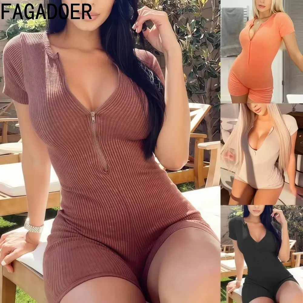 

FAGADOER Casual Ribbed Romper Women Solid Color Short Sleeve Skinny One Pieces Jumpsuits Female Streetwear Overalls 2025 New