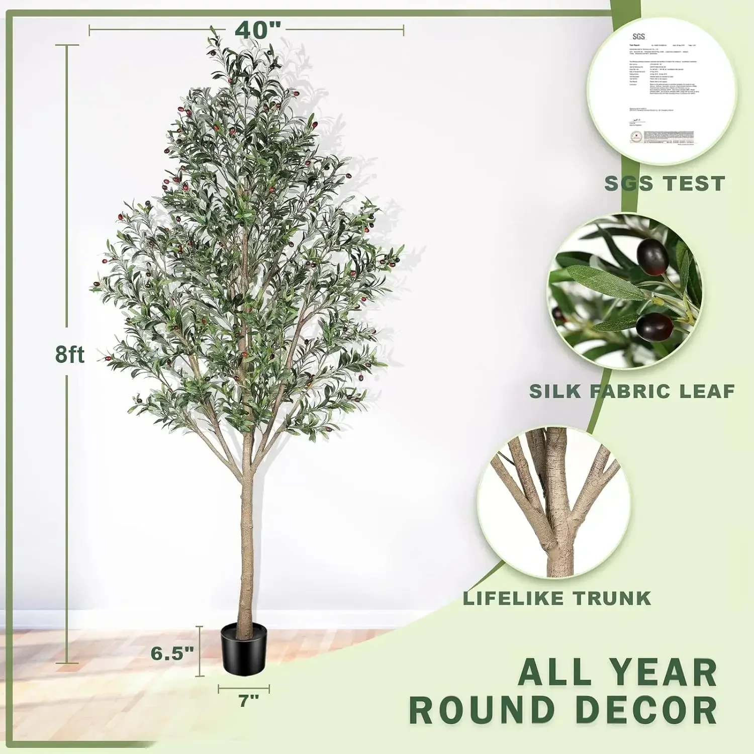 Furniture supplies Artificial Olive Tree, Tall 8 Feet Fake Potted Olive Silk Tree with Planter, Large Faux House Plants Decorati