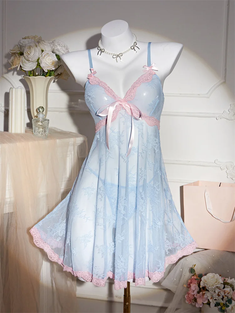 Sweety Women Pajamas Light Blue Lace Night Dress Sexy Adult Contrast Color Nightgown Princess Home Wear Nightie Sexy Slip Dress