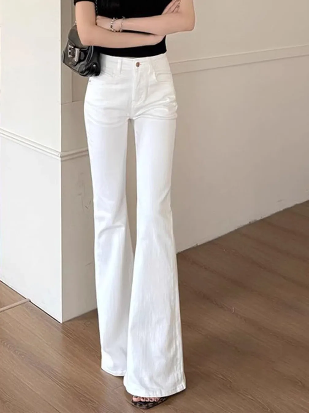 High Waist Cotton Stretch Denim Pants Women's Summer Hot Girl Micro Flared Jeans Wear Resistant Zipper Closure Medium Wash