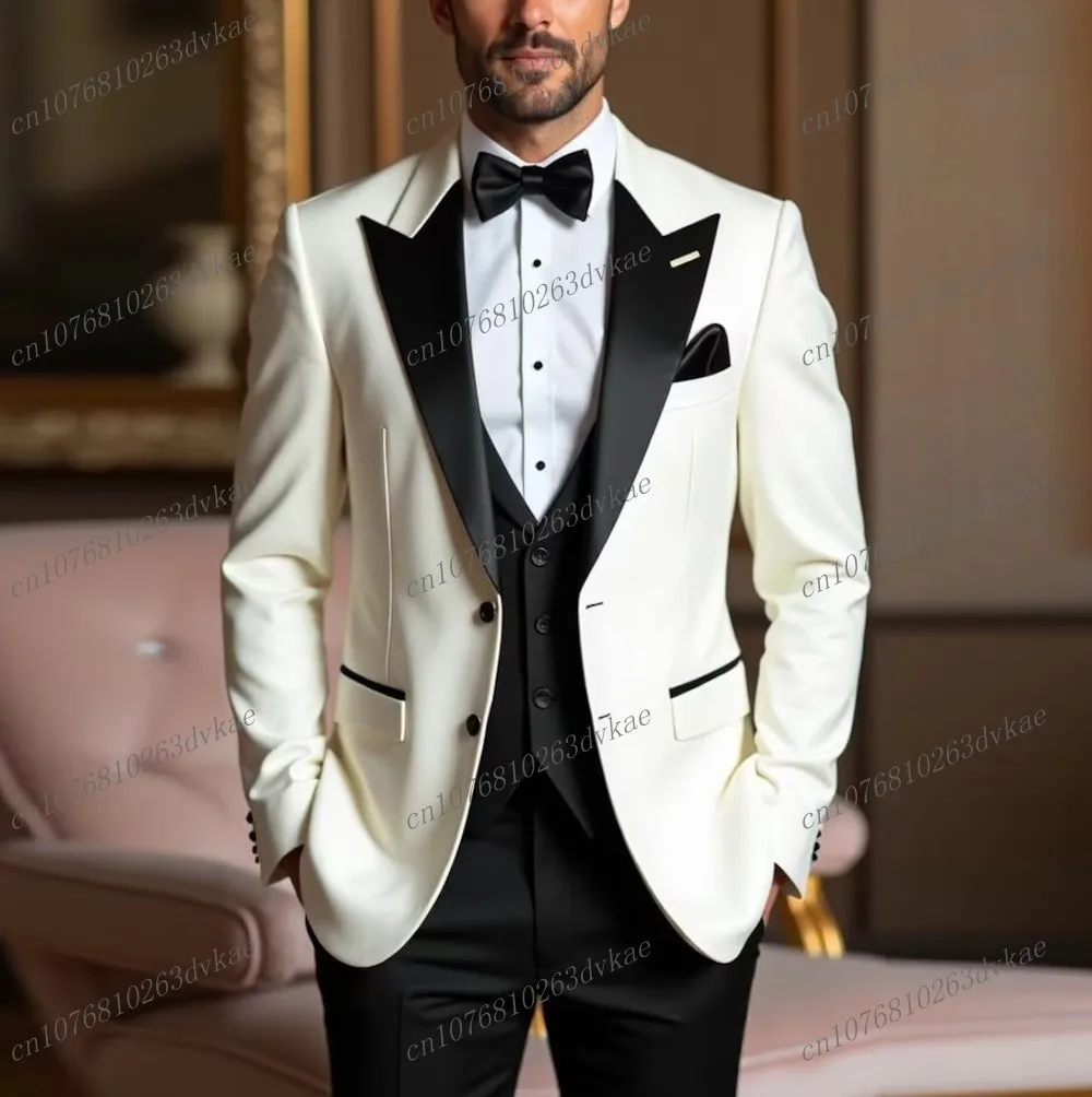 

Новый белый и черный деловой мужской костюм для жениха, жениха, свадебной вечеринки, выпускного вечера, мужские смокинги, комплект из трех предметов, пиджак, жилет, брюки