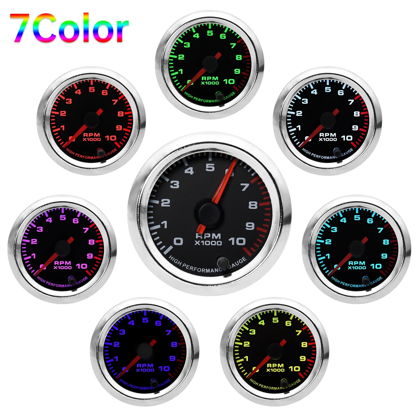 

52mm Pointer RPM Meter Car Tachometer for 4 6 8 Cycliner Gasoline Racing 7 Color LED Auto 0~10000 RPM Meter