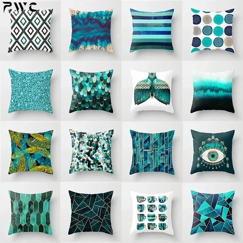 45x45cm Flower Leaves Pattern Throw Pillow Case Teal Blue Cushion Covers for Home Sofa Chair Decorative Pillowcases