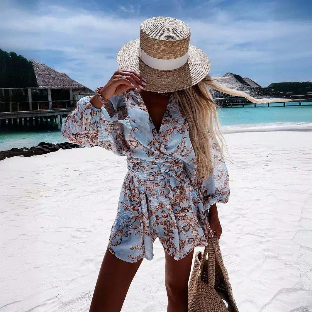Fashion Print Lantern Sleeve Rompers Shorts Women's Sexy Deep V Neck Jumpsuit For Women Summer Casual Boho Beach Vacation Outfit
