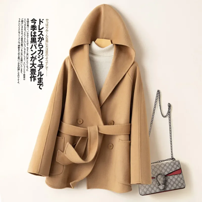 2025 New Autumn Winter 100% Double-Faced Cashmere Woolen Coat Women Hooded Wool Blends Jacket Female Short Loose Outerwear B699