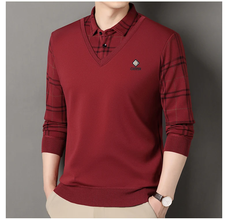 Herren Plaid Pullover Fleece Pullover Slim Fit Elegante Luxus Marke Gefälschte Zwei Stücke Gestrickte Pullover – Detail 11