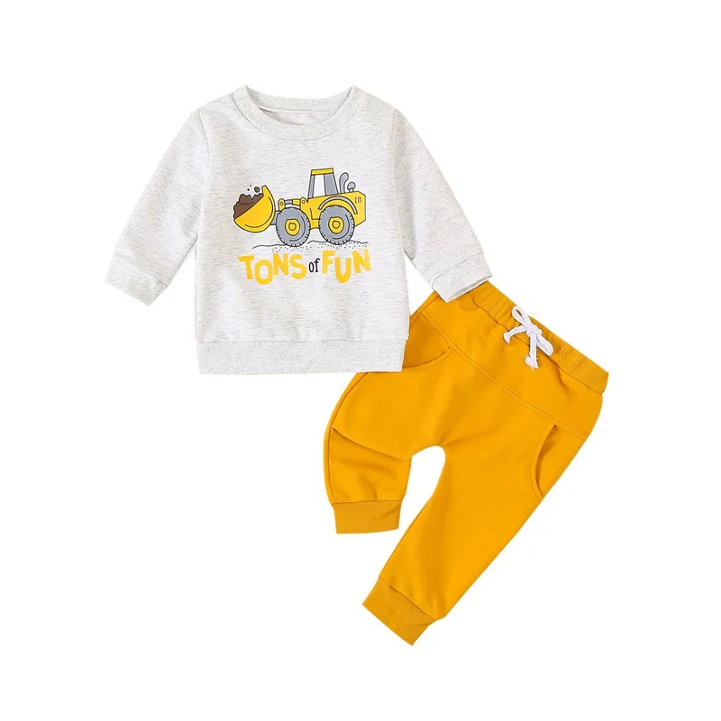 Toddler Boys Fall Outfits Letter Digger Print Long Sleeve Sweatshirts and Long Pants 2Pcs Clothes Set