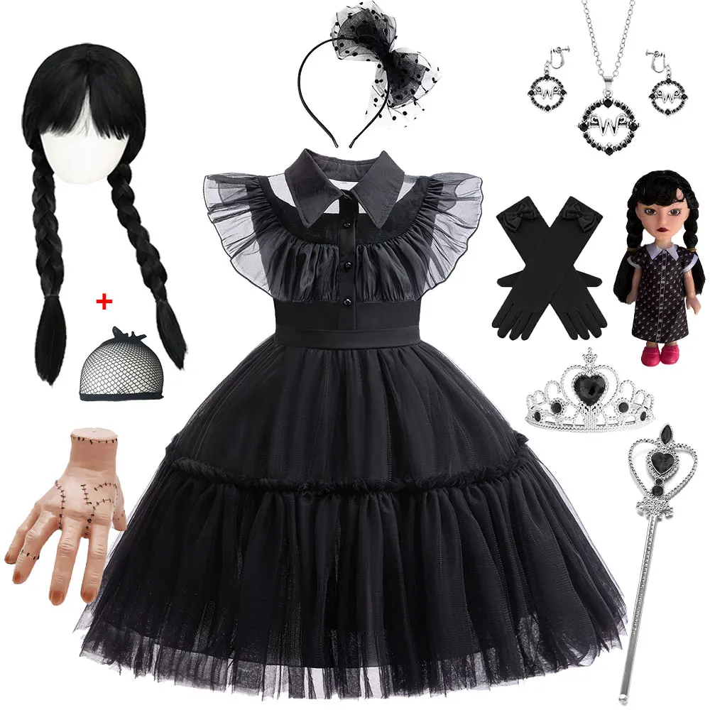 

Аддамс 2, карнавальный костюм Аддамс для маленьких девочек на Хэллоуин, карнавальная вечеринка, готические пушистые черные тюлевые платья для младенцев, платье ведьмы