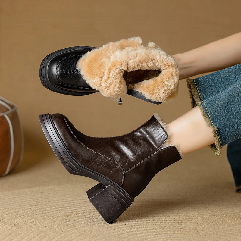 MORAZORA 2025 New Genuine Leather Snow Boots Zipper Round Toe Platform Ankle Boots Faux Wool Thick Fur Warm Winter Booties
