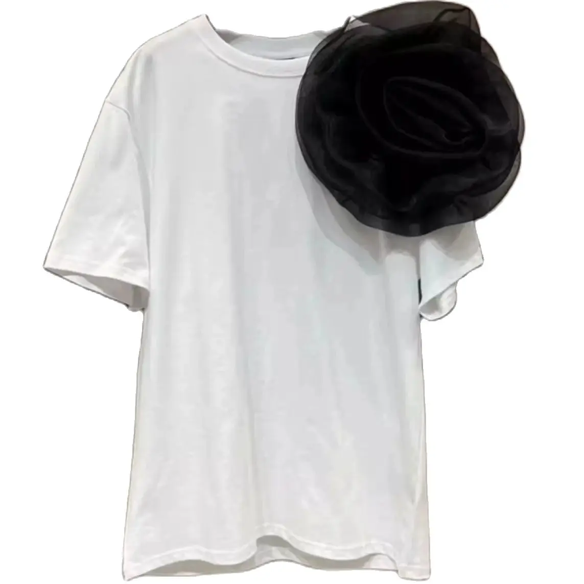 2024 Round Neck Short Sleeve Tshirt Three-Dimensional Big Flower Decorative Pin Loose T-shirt for Women Cotton Tops Tees