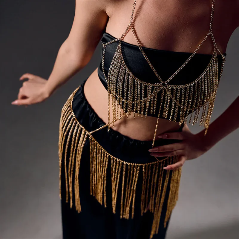 Damen Gold-Ketten-Halter-Bodychain-Kleid mit Fransen und Quasten, 2-teiliges Set, Party-Club-Rave-Outfit, Einheitsgröße, Dropshipping – Detail 3